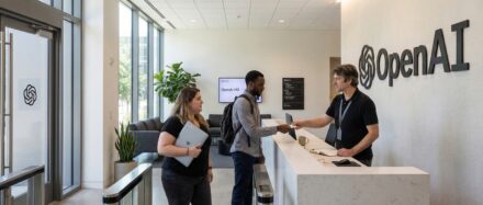 Recepción de la oficina de OpenAI, con el personal interactuando con los visitantes, lo cual transmite una atmósfera acogedora.
