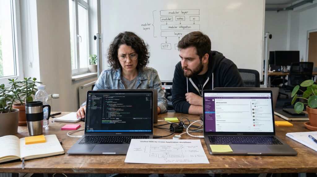 Dos colegas colaboran en el desarrollo de software sobre una mesa con portátiles y notas.