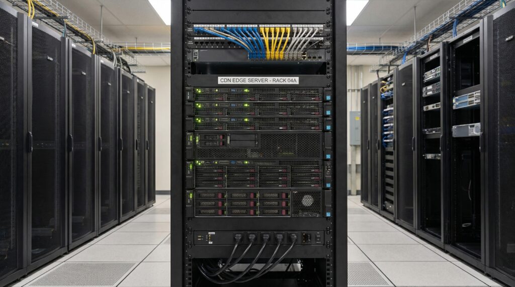 Vista de un rack de servidores en un centro de datos que muestra equipos de red y cables.