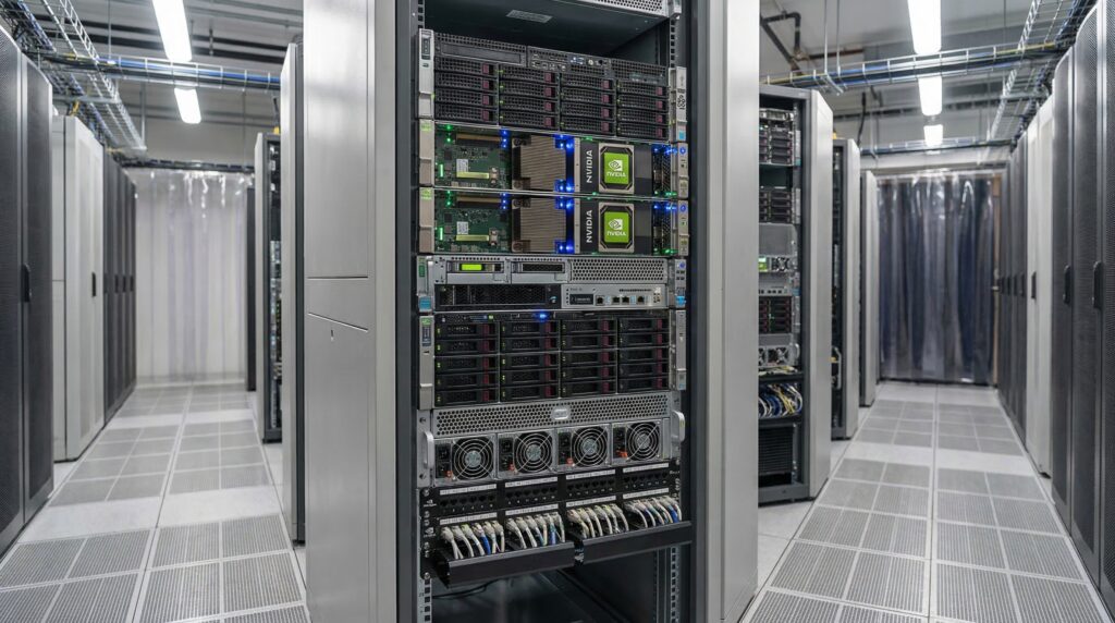 Vista interior de un centro de datos con múltiples racks de servidores de IA que exhiben tecnología computacional avanzada.