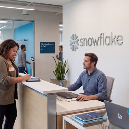 Área de recepción de la oficina de Snowflake donde los empleados interactúan, mostrando un espacio laboral moderno.