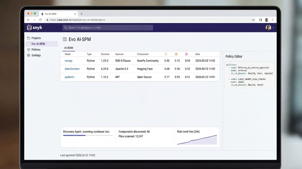 Captura de pantalla del panel de Snyk Agent Security que muestra la interfaz de Evo AI-SPM con detalles de políticas y actualizaciones de estado.