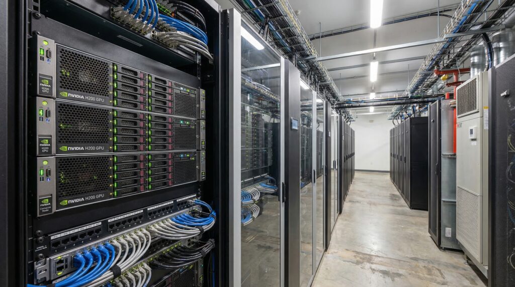 Vista interior de un centro de datos con filas de servidores y cables de red.