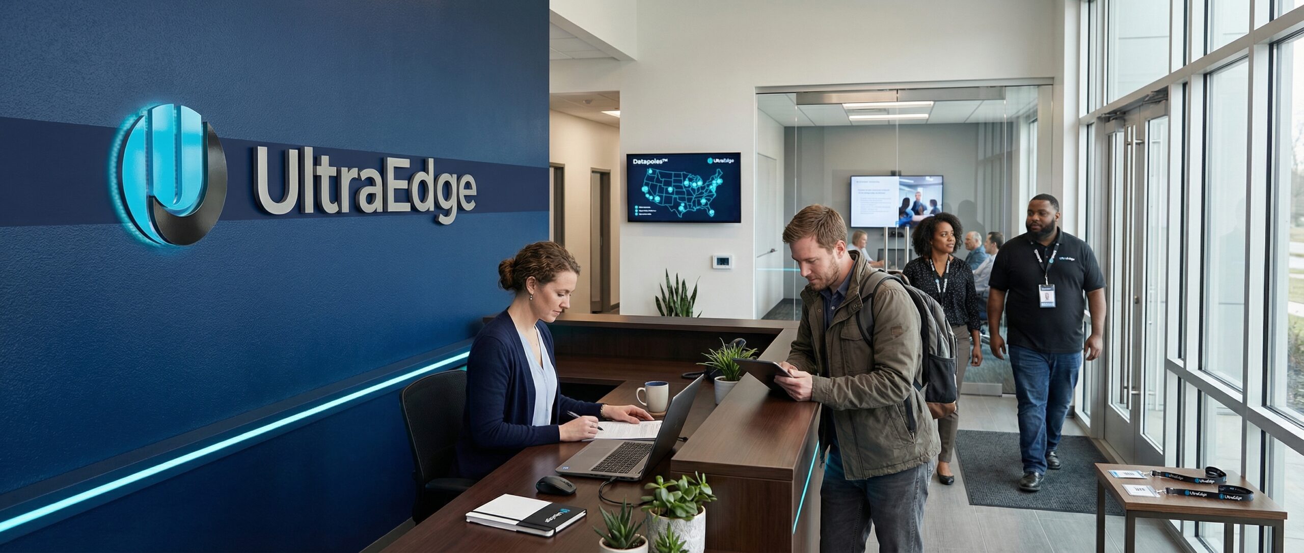 Área de recepción de UltraEdge con personal atendiendo a un visitante, mostrando un moderno entorno de data center.