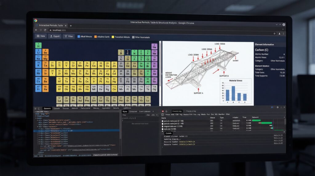 Pantalla de computadora mostrando visualización interactiva de datos con gráficos y salida de código.