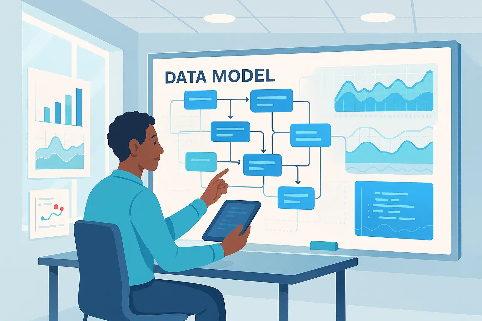Illustration eines Fachmanns, der ein Datenmodell auf einem Bildschirm mit verschiedenen Grafiken und Visualisierungen analysiert.