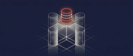 Illustration der ACID-Konzepte im Datenbankmanagement, die eine zentrale Festplatte der Datenbank in der Mitte zeigt und von mehreren anderen Festplatten umgeben ist.