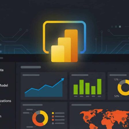 Power BI Interface, die Diagramme und analytische Daten auf schwarzem Hintergrund anzeigt und die Anwendungen der künstlichen Intelligenz bei der Entscheidungsfindung veranschaulicht.