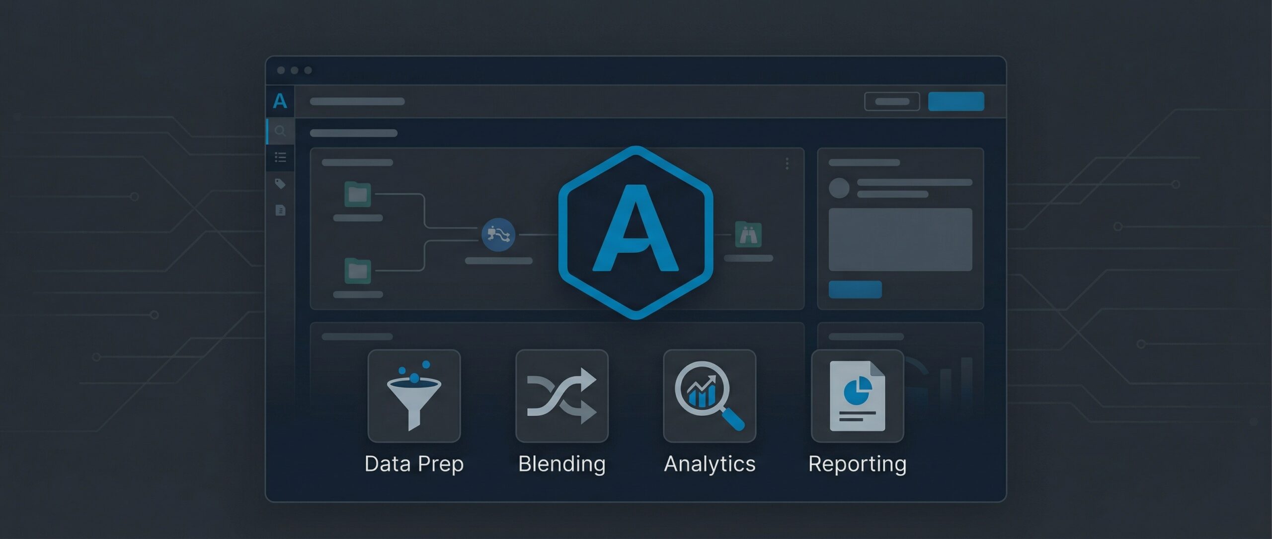 Alteryx-Oberfläche, die Tools für data preparation, merging und analysis zeigt.