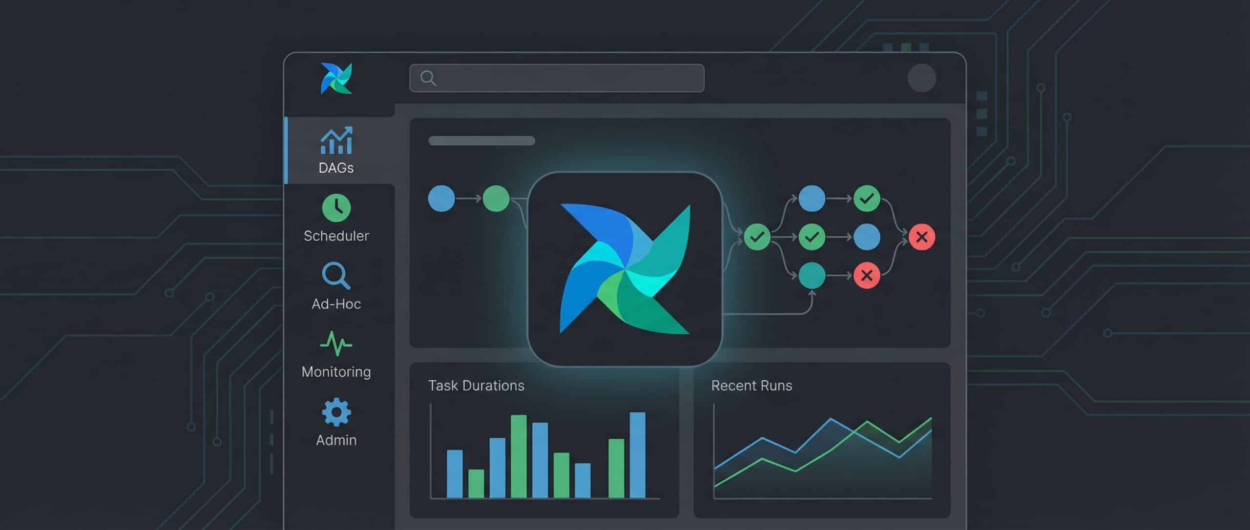 Schnittstelle von Apache Airflow, die Charts und Analytics-Daten anzeigt.