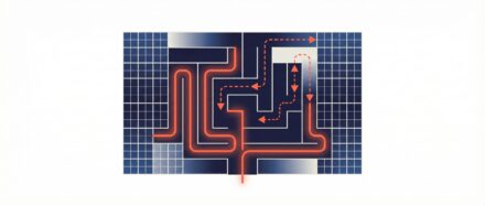 Abbildung, die einen komplexen Pfad mit Pfeilen zeigt und das Konzept des Backtracking in der Programmierung symbolisiert.