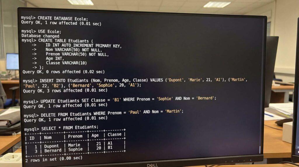 Bildschirm eines Computers, der SQL-Code zur Manipulation von Datenbanken anzeigt.