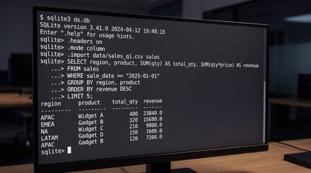 Computerbildschirm, der eine Datenbankabfrage mit Informationen zu Produkten und Verkäufen anzeigt.