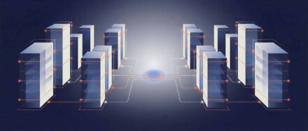 Eine Illustration eines Data Centers mit mehreren in einer Reihe stehenden Servern und einer zentralen Lichtquelle, die die technologische Infrastruktur repräsentiert.