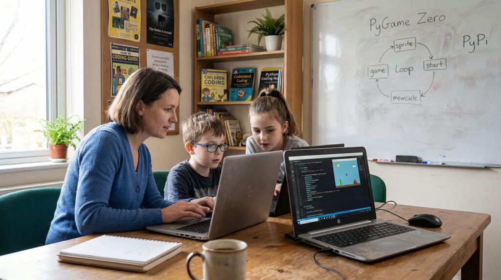 Eine Mutter hilft ihren Kindern beim Erlernen von Coding auf Laptops in einer häuslichen Lernumgebung.