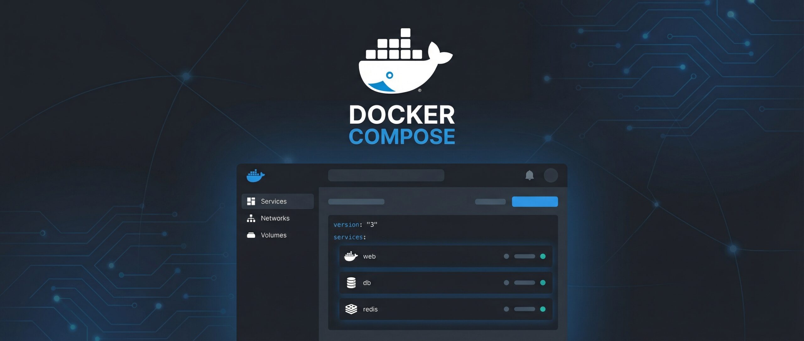 Docker Compose-Schnittstelle, die containerized services und Konfigurationsoptionen anzeigt.