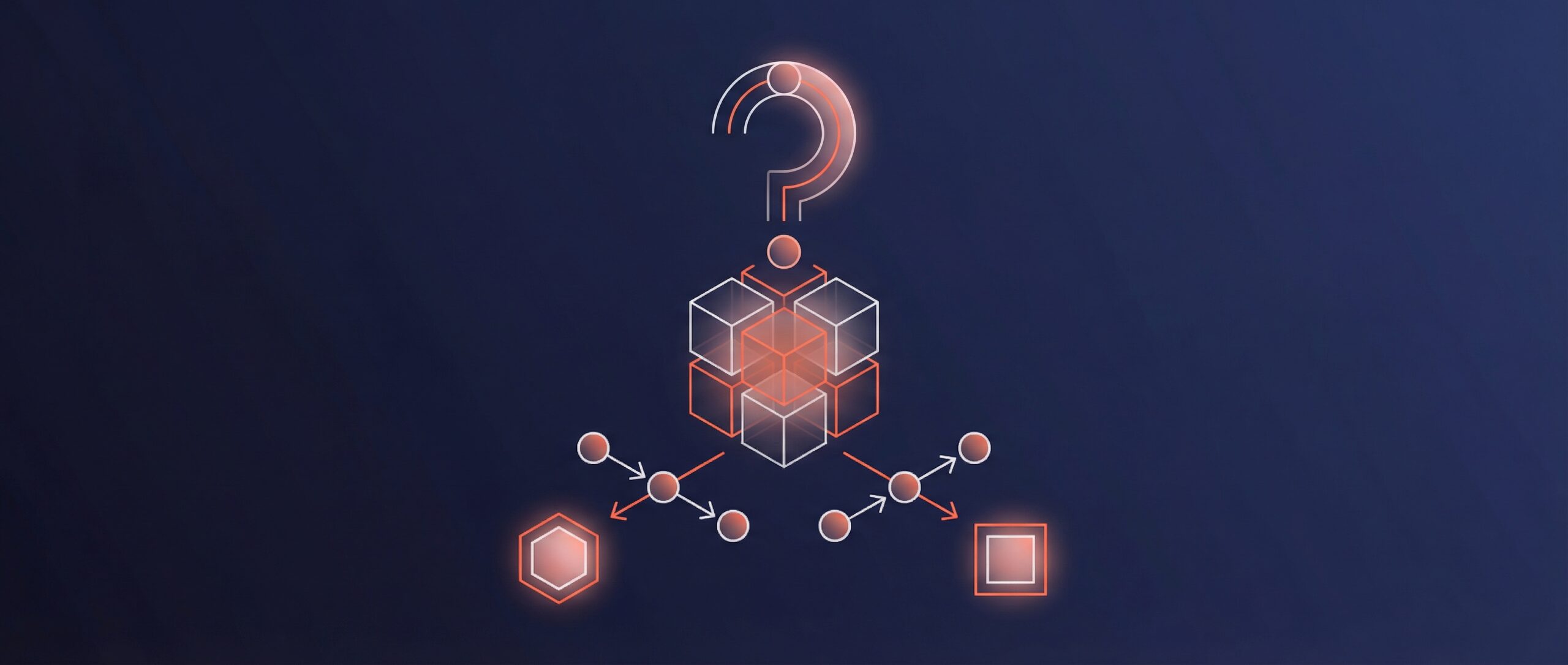 Schematische Darstellung eines zentralen Würfels mit einem Fragezeichen darüber, die das Konzept von DocString und dessen Funktionsweise symbolisiert.