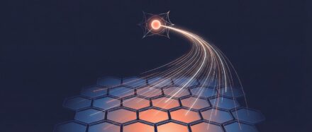 Eine abstrakte Illustration, die ein leuchtendes Teilchen zeigt, das sich über ein hexagonales Gitter bewegt und damit Fortschritte in der Technologie für das Reasoning-LLM-Training symbolisiert.