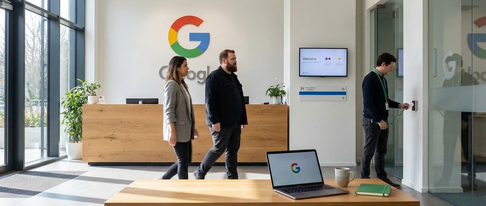 Innenraum eines Google-Büros, in dem Mitarbeiter an einem Empfangstresen mit dem Google-Logo vorbeigehen.
