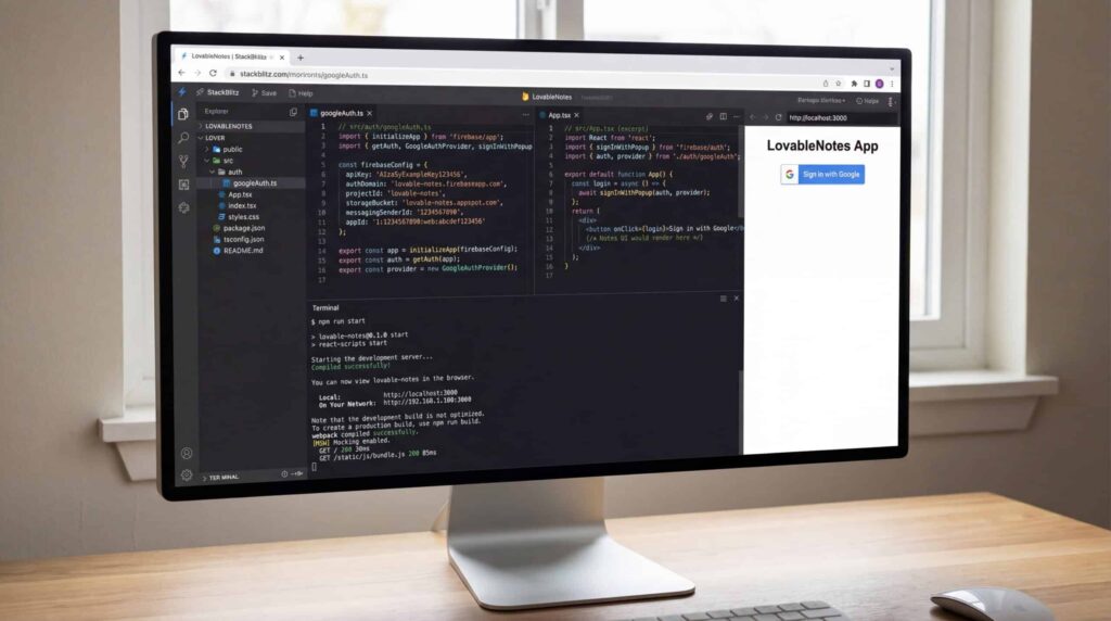 Bildschirm eines Computers, der einen Code-Editor mit Programmierzeilen vor schwarzem Hintergrund anzeigt.