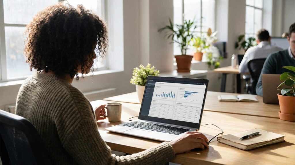 Eine Frau sitzt an einem Schreibtisch mit einem Laptop, auf dem ein analytisches Dashboard angezeigt wird, umgeben von grünen Pflanzen.