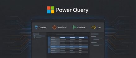 Power Query-Oberfläche, die die Schritte Connect, Transform, Combine und Load mit dem Microsoft-Logo anzeigt.
