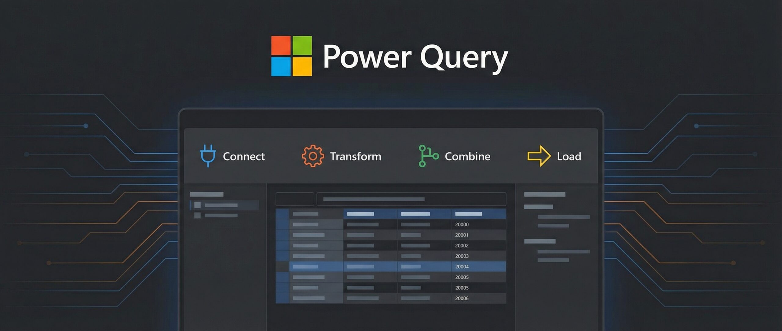 Power Query-Oberfläche, die die Schritte Connect, Transform, Combine und Load mit dem Microsoft-Logo anzeigt.