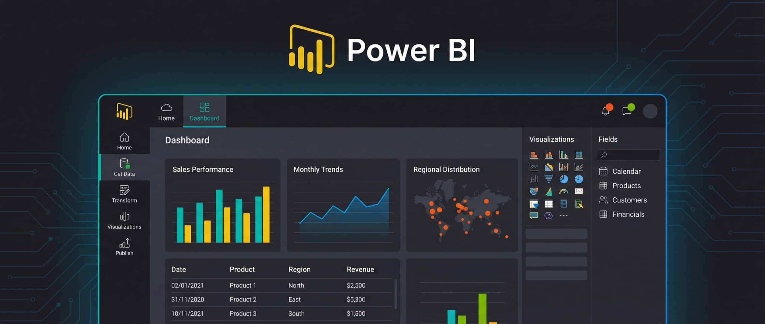 Power BI-Dashboard, das die Verkaufsleistung, die monatlichen Trends und die geografische Verteilung der Daten anzeigt.