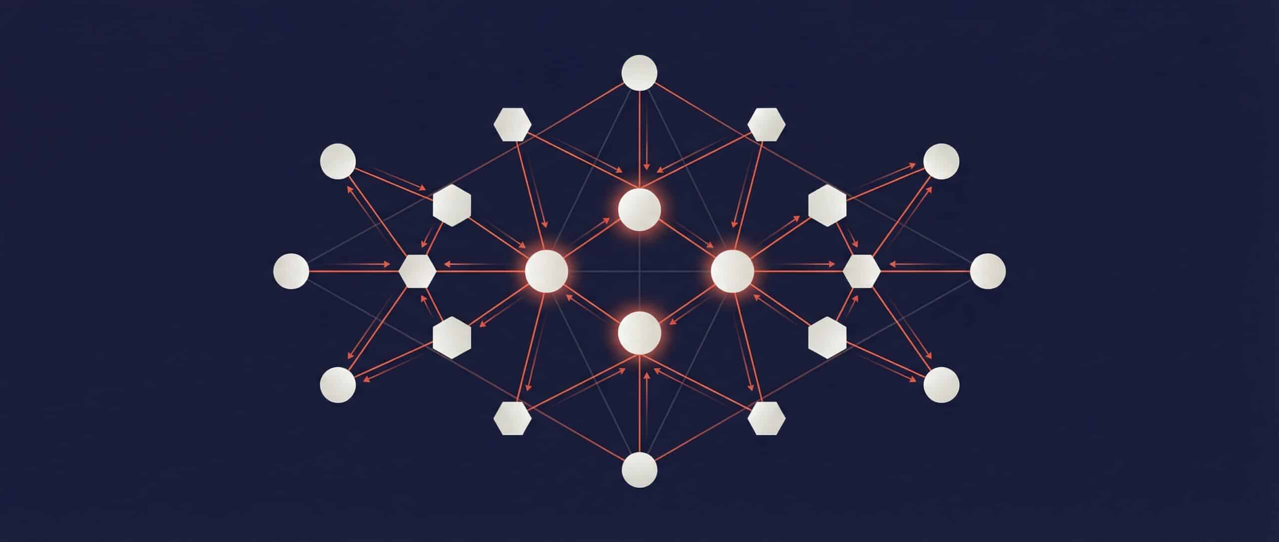 Illustration eines Graph Neural Network mit Knoten und leuchtenden Verbindungen vor dunklem Hintergrund.