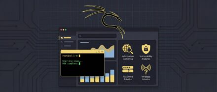 Oberfläche von Kali Linux, die Tools für Penetrationstests mit einer Kommandozeile und Grafiken zeigt.