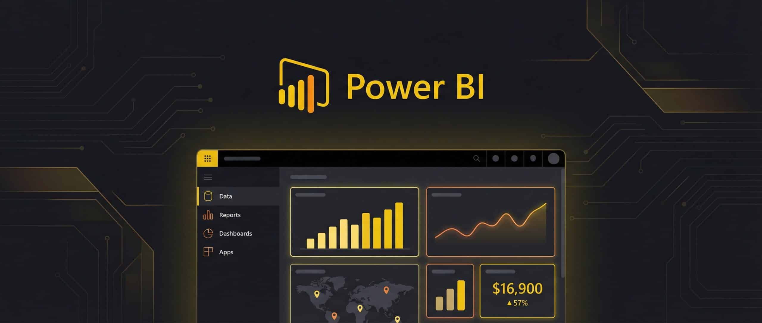 Power BI Interface, das Diagramme und analytische Daten auf einem dunklen Hintergrund anzeigt.
