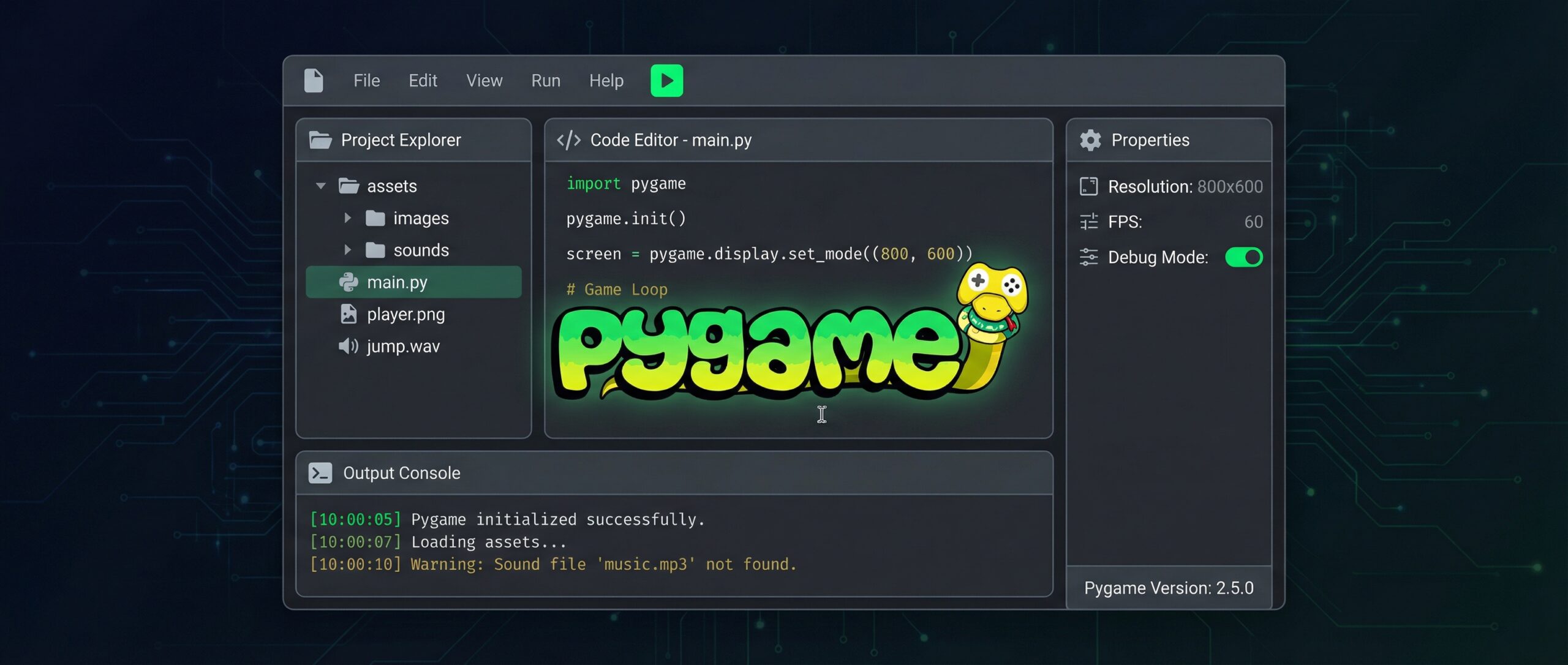 Die PyGame-Schnittstelle, die den Code-Editor zur Erstellung von 2D-Videospielen mit farbigen Grafikelementen zeigt.