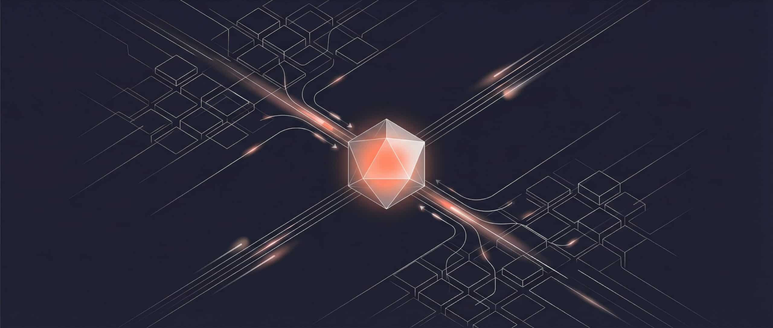 Abstrakte Illustration, die die Retrieval-Augmented Generation (RAG) mit Datenflussmustern und einer zentralen geometrischen Struktur darstellt.