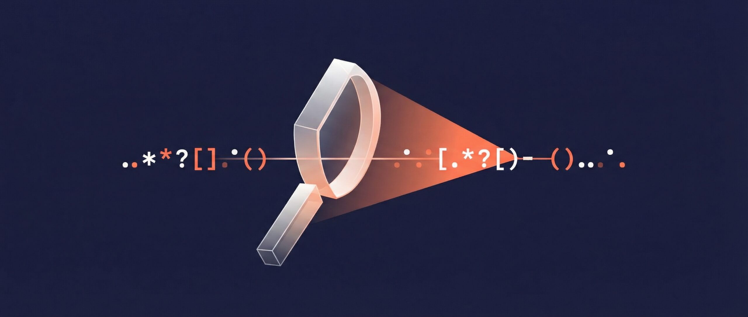 Illustration, die eine Lupe zeigt, die Regex-Symbole auf dunklem Hintergrund beleuchtet.