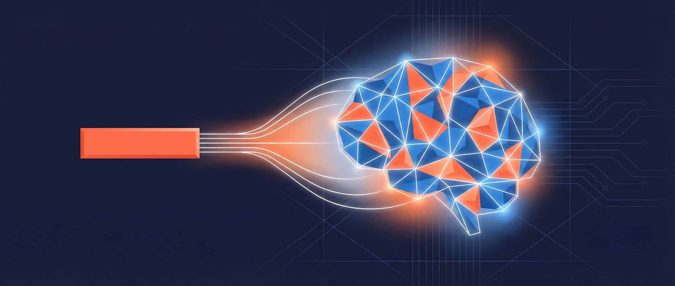 Bild, das ein stilisiertes Gehirn mit geometrischen Formen darstellt, das die Kreativität und Intelligenz symbolisiert, die erforderlich sind, um einen guten Prompt zu verfassen.