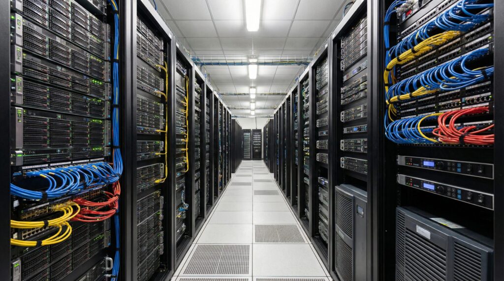 Innenansicht eines Serverraums mit Reihen von IT-Geräten und ordentlich verlegten Kabeln.