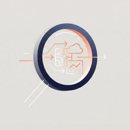 Illustration, die die Technologiebeobachtung symbolisiert, mit Grafiken und Symbolen, die Daten darstellen.