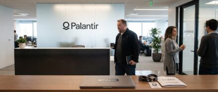 Bürolobby mit Palantir-Logo, in der Menschen interagieren und am Empfang arbeiten.