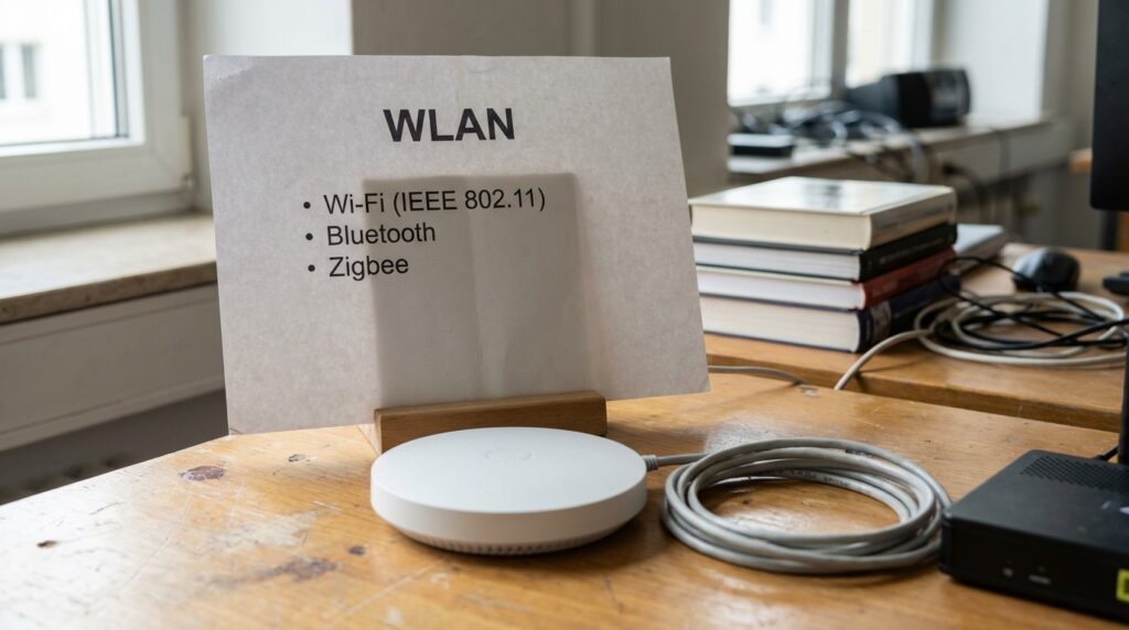 Ein WLAN-Gerät auf einem Schreibtisch mit einem Panel, das die WLAN-Spezifikationen anzeigt, insbesondere Wi‑Fi (IEEE 802.11) und Bluetooth.