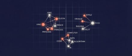 Visualisierung von Wörtern in einem Vektorraum, der das Word2vec-Modell veranschaulicht und die Beziehungen zwischen Wörtern wie 'König', 'Königin' und 'Computer' zeigt.