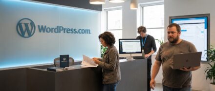 Ein moderner Empfangsbereich im WordPress.com-Büro, in dem Mitarbeiter an Computern arbeiten und sich an Diskussionen beteiligen.