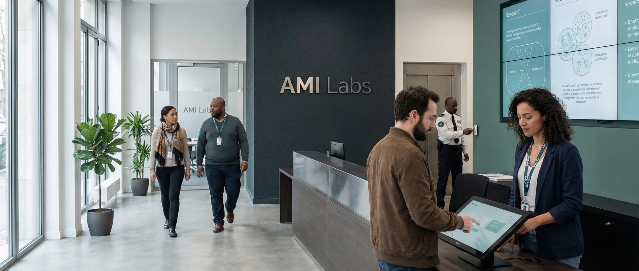 Innenansicht des Empfangsbereichs von AMI Labs mit Mitarbeitenden, die Besucher betreuen, sowie digitalen Displays, die Informationen anzeigen.