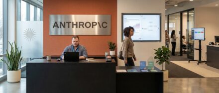 Empfangsbereich von Anthropic mit einem Mann, der an einem Schreibtisch arbeitet, und einer Frau, die vorbeigeht, sowie einem interaktiven Bildschirm, der Datenvisualisierungen an der Wand anzeigt.