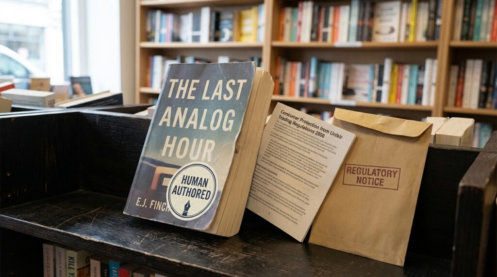 Ein Buch mit dem Titel 'The Last Analog Hour', präsentiert neben einem 'Human Authored'-Logo und einem Informationsblatt in einer Buchhandlung.