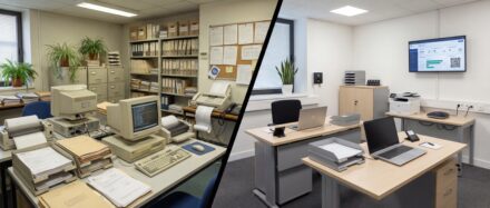 Geteilte Ansicht zweier Büroumgebungen, links mit älterer Technik und rechts mit modernen digitalen Arbeitsplätzen.