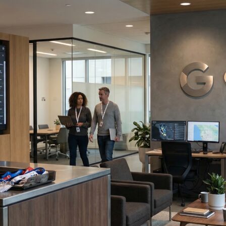 In einem Google-Büro arbeiten Mitarbeitende gemeinsam an einem großen Bildschirm mit Kartendaten, die für KI und die Vorhersage von Naturkatastrophen relevant sind.