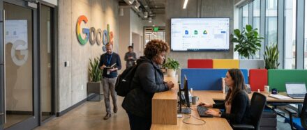 Empfangsbereich im Google Workspace mit Mitarbeitenden, die miteinander interagieren, und Bildschirmen, auf denen Google-Anwendungen angezeigt werden.