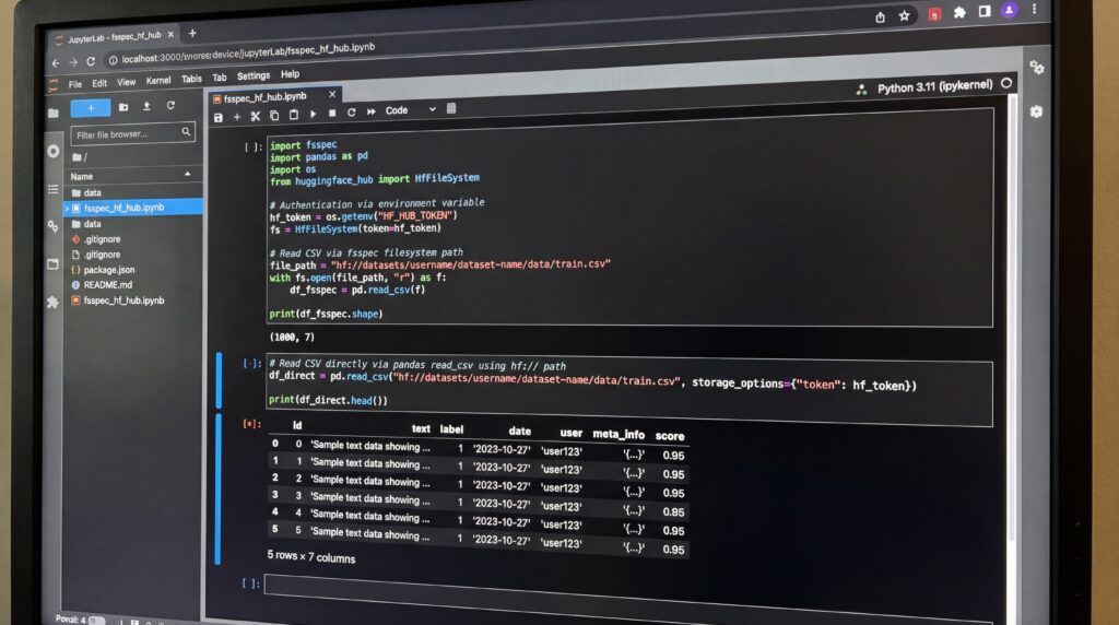 Screenshot einer Programmieroberfläche, die ein Skript in Verbindung mit Hugging Face Storage Buckets für KI-Workflows zeigt.