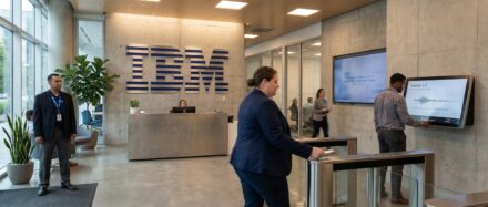 Modern gestalteter Eingangsbereich des IBM-Büros, in dem die Mitarbeitenden mit Technologie interagieren.