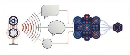 Illustration, die den Spracherkennungsprozess mit Schallwellen, Sprechblasen und Elementen aus der Datenvisualisierung zeigt.